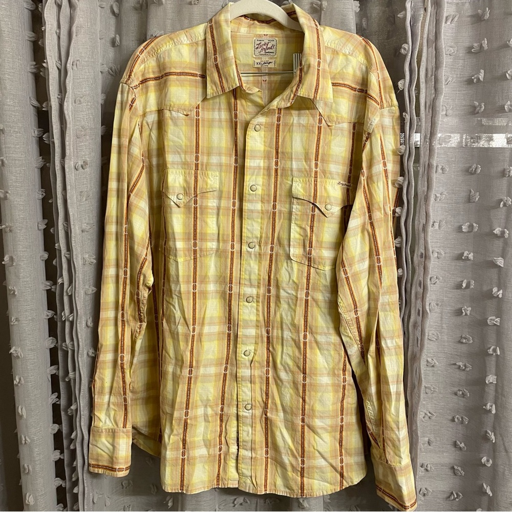 Men’s Lucky Brand Yellow and Orange Checkered Plaid Pearl-snap Shirt